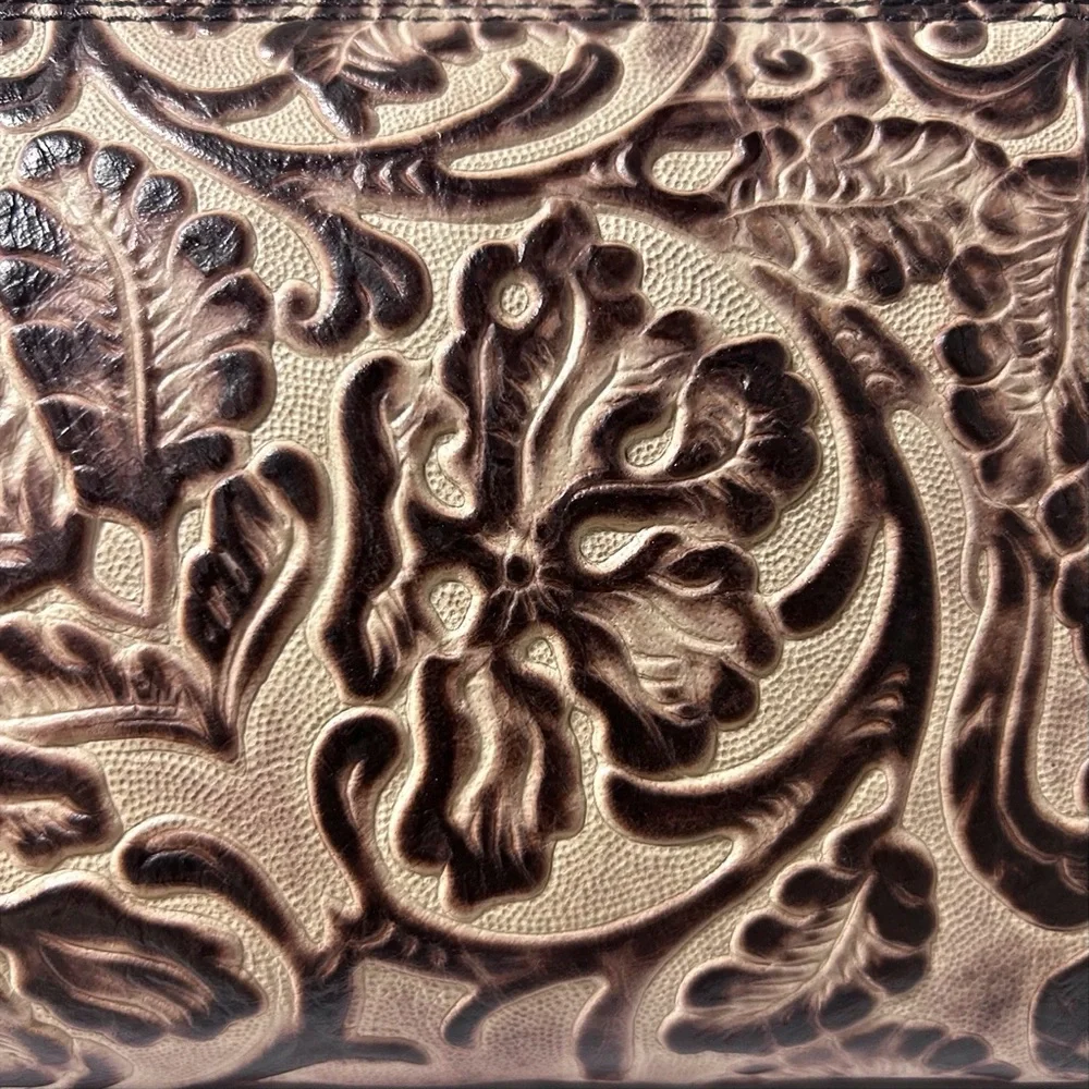 Bear Creek Leather Crossbody Bag with an Embossed Floral Design, Handmade, Brown